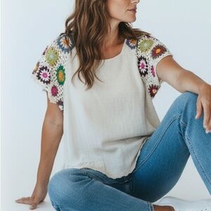 Umgee Cream Top with Colorful Crochet Sleeves